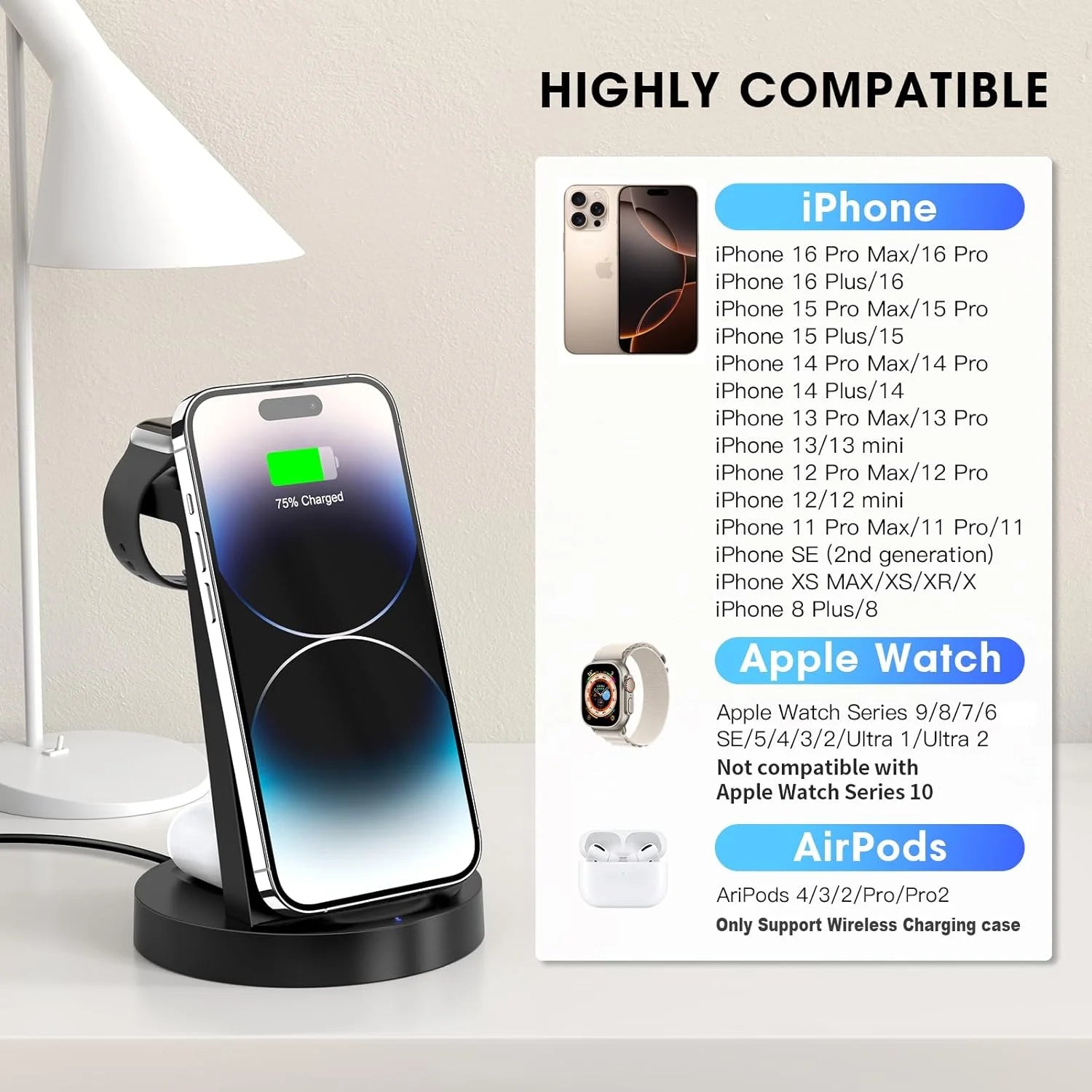 18W Wireless Charger -  3 in 1 Charging Station Compatible with Iphone 16E 16 15 14 13 12 11 X Pro Max - Fast Charging Dock Compatible for Apple Watch & Airpods 4 3 Pro