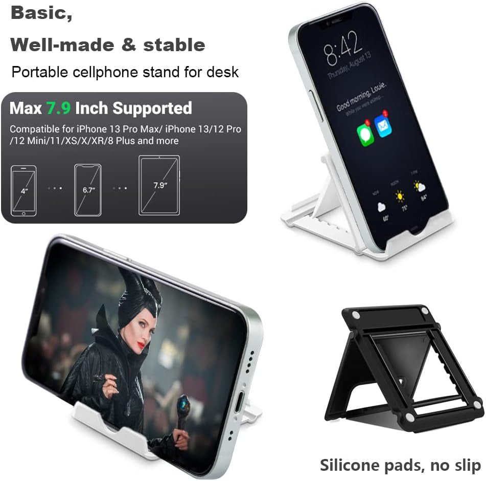 2 Pack Portable Cell Phone Stand Holder for Desk, Foldable Pocket-Sized Mount, Universal Adjustable Desktop Mobile Phone Kickstand Compatible with Iphone Ipads Kindle Android Black & White