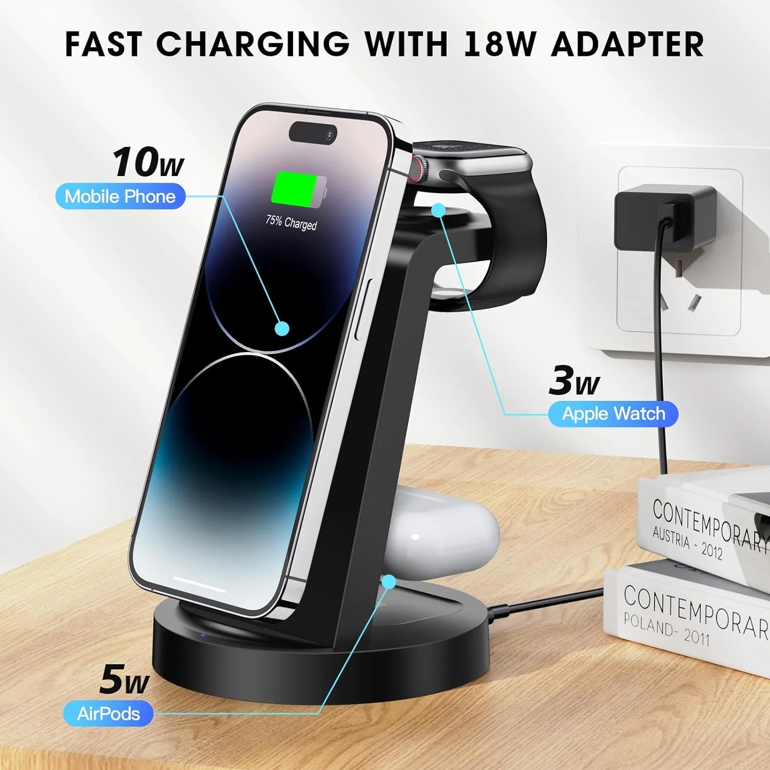 18W Wireless Charger -  3 in 1 Charging Station Compatible with Iphone 16E 16 15 14 13 12 11 X Pro Max - Fast Charging Dock Compatible for Apple Watch & Airpods 4 3 Pro