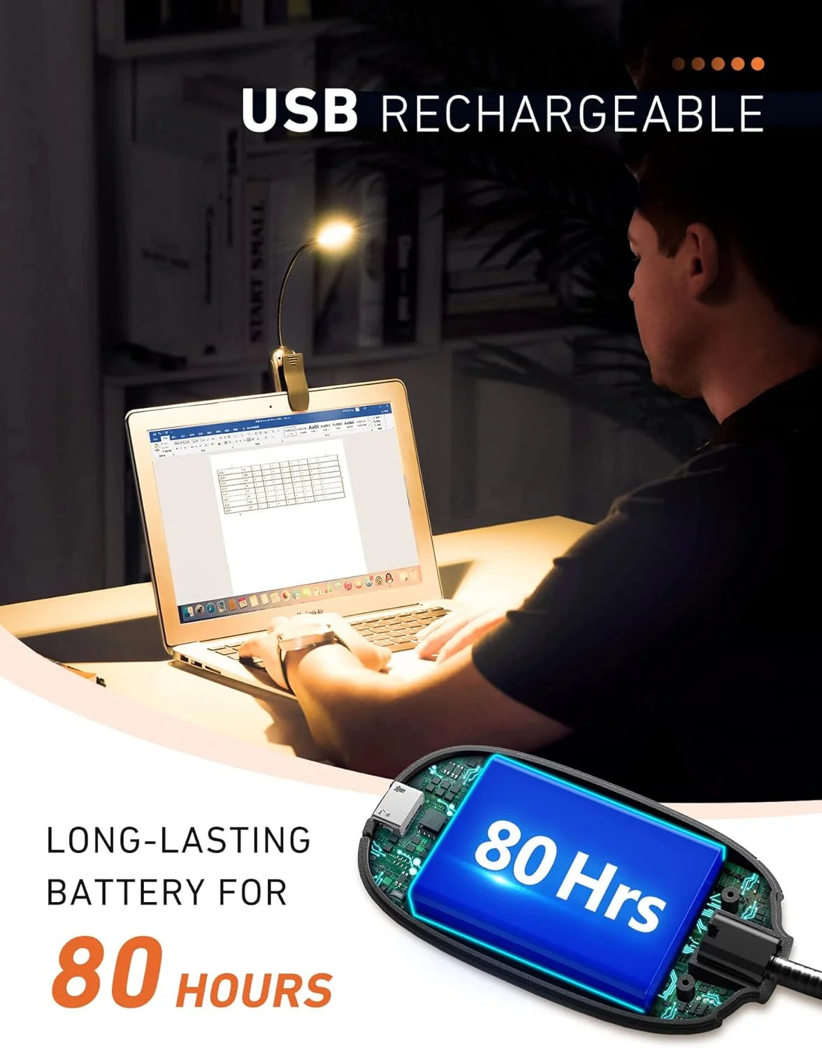 Rechargeable Book Light for Reading in Bed, 80H Reading, 3 Brightness Levels & 3 Color Temperatures, Lightweight Flexible Clip on Reading Lights for Books in Bed