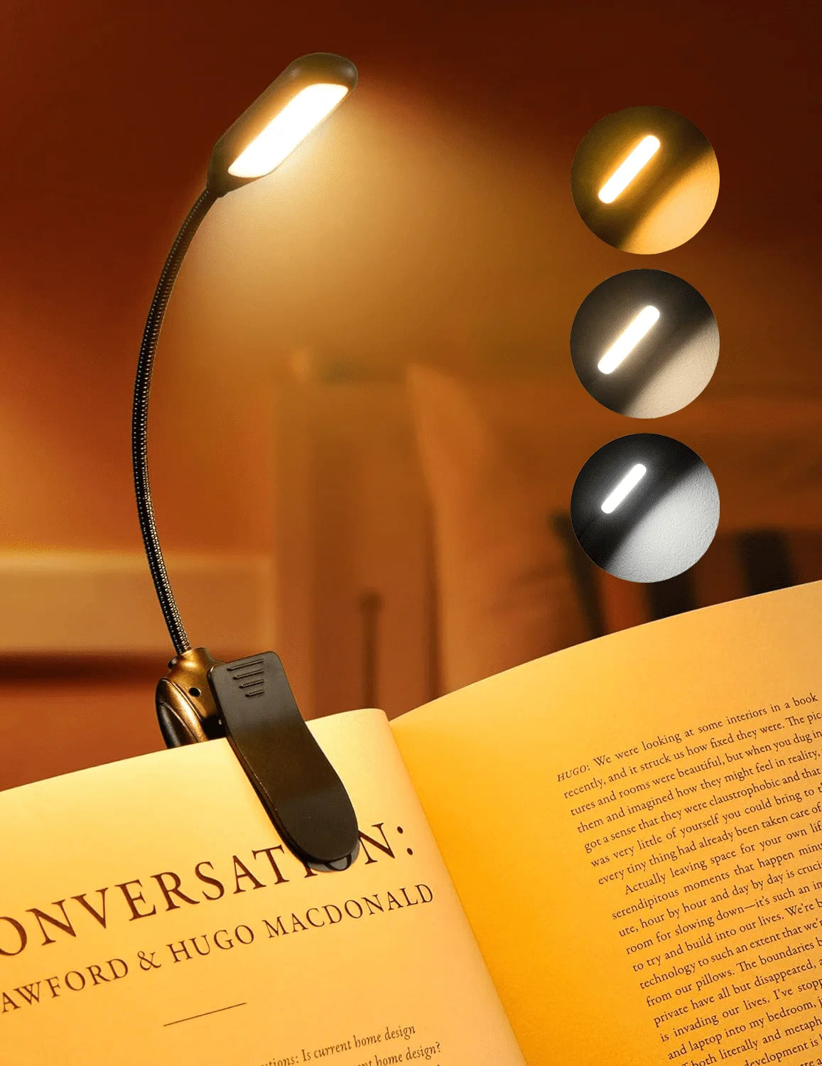 Rechargeable Book Light for Reading in Bed, 80H Reading, 3 Brightness Levels & 3 Color Temperatures, Lightweight Flexible Clip on Reading Lights for Books in Bed