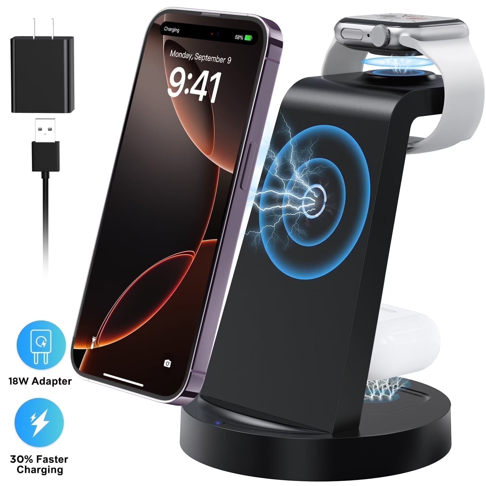 18W Wireless Charger -  3 in 1 Charging Station Compatible with Iphone 16E 16 15 14 13 12 11 X Pro Max - Fast Charging Dock Compatible for Apple Watch & Airpods 4 3 Pro