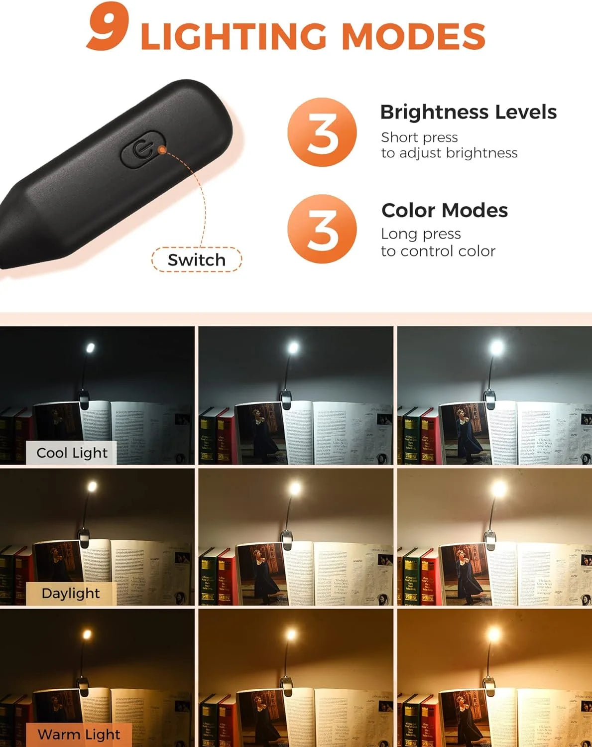 Rechargeable Book Light for Reading in Bed, 80H Reading, 3 Brightness Levels & 3 Color Temperatures, Lightweight Flexible Clip on Reading Lights for Books in Bed
