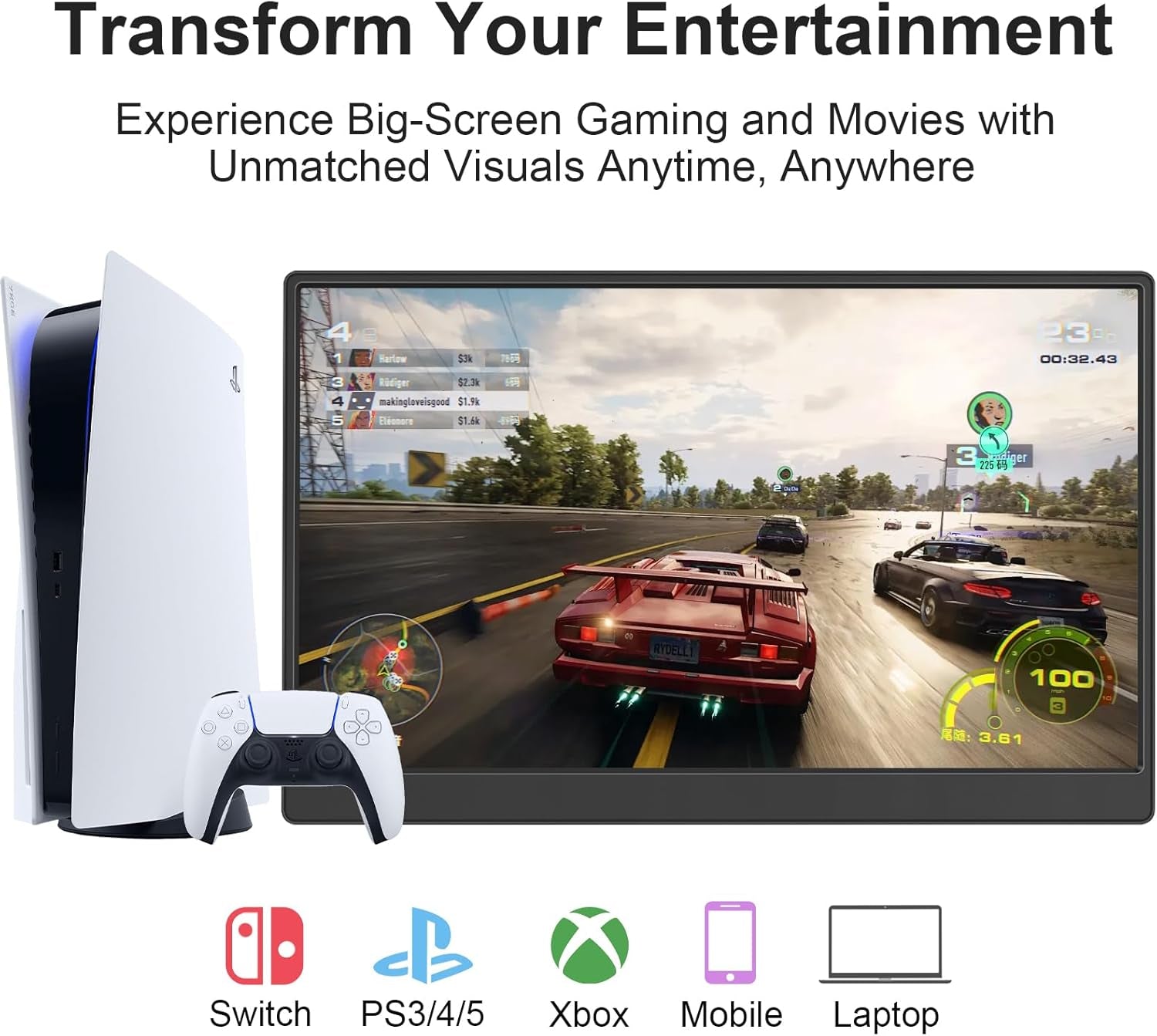 Portable Monitor 15.6-Inch FHD 1080P Ultra-Slim Travel External Monitor HDR IPS Gaming Display with Kickstand &Speakers USB-C HDMI Plug&Play，For Laptop PC Phone PS4/5 Xbox Switch