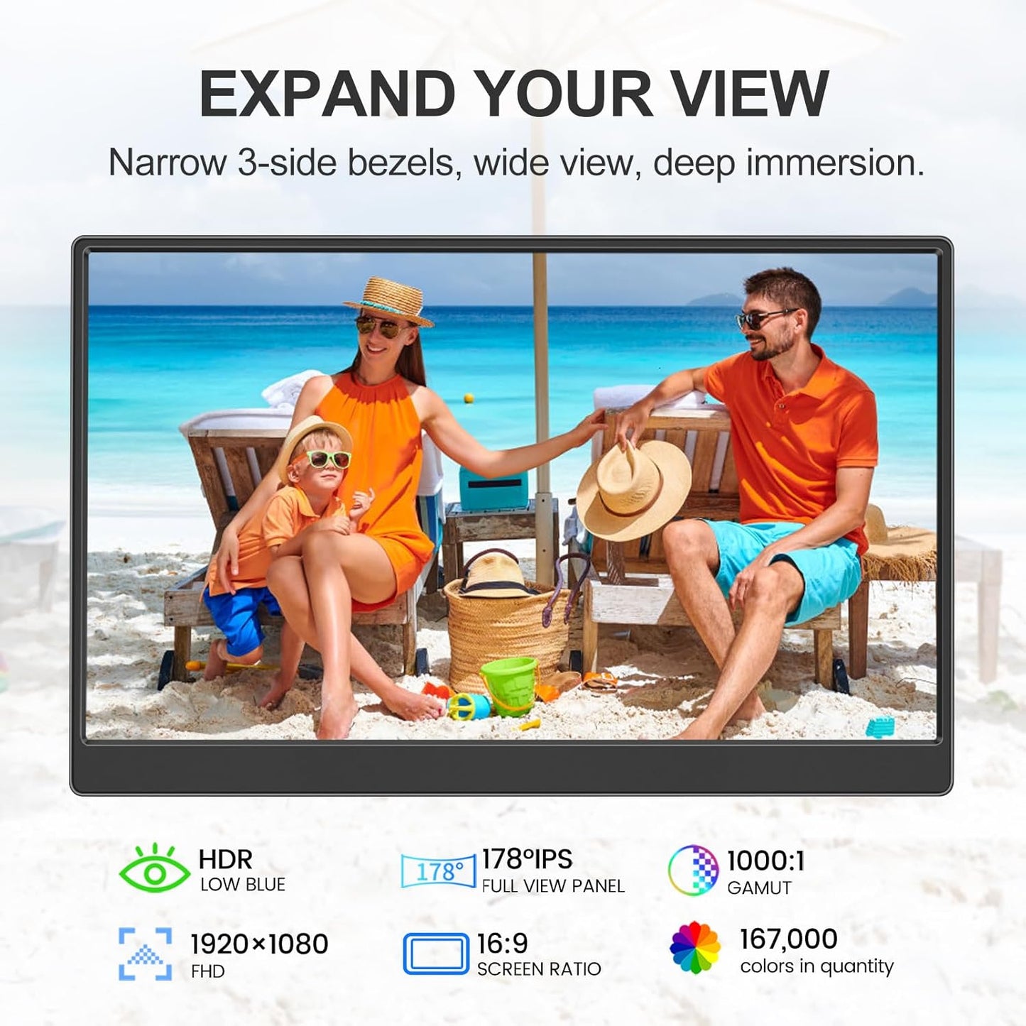 Portable Monitor 15.6-Inch FHD 1080P Ultra-Slim Travel External Monitor HDR IPS Gaming Display with Kickstand &Speakers USB-C HDMI Plug&Play，For Laptop PC Phone PS4/5 Xbox Switch
