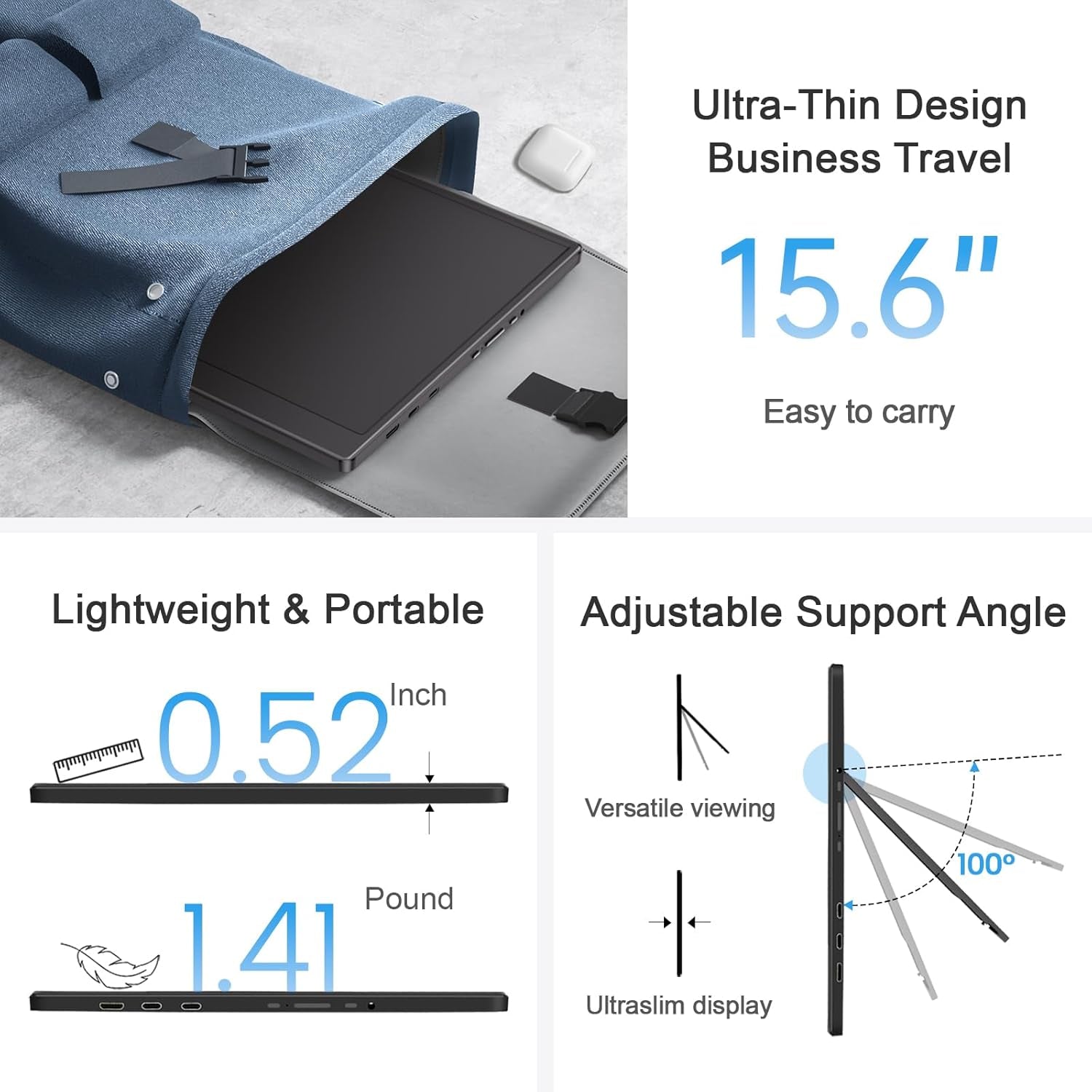 Portable Monitor 15.6-Inch FHD 1080P Ultra-Slim Travel External Monitor HDR IPS Gaming Display with Kickstand &Speakers USB-C HDMI Plug&Play，For Laptop PC Phone PS4/5 Xbox Switch